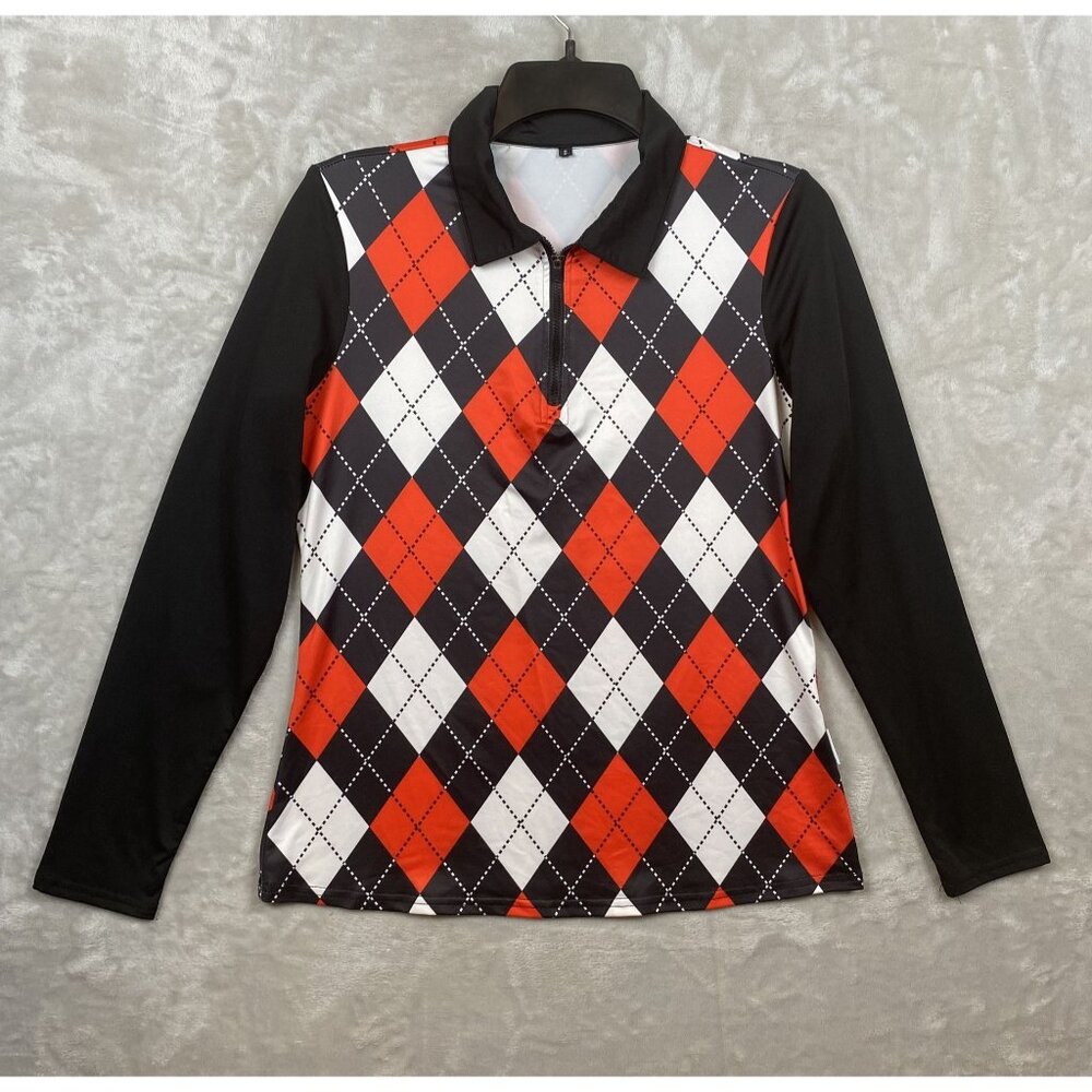 Soneven Long Sleeve Argyle Print Collared Shirt Small 88% Polyester 12% Elastane